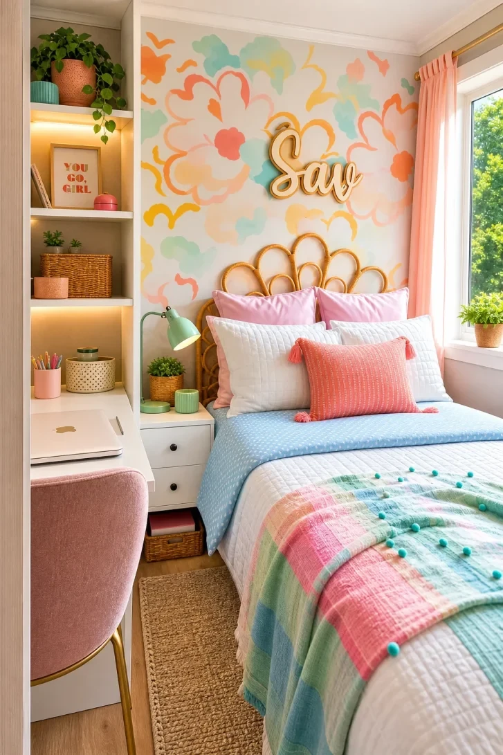 A Bold Floral Mural Anchors This Tiny Room
