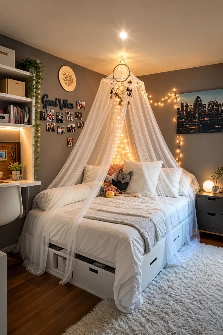A Fairy Light Canopy Crowns This Dreamy Bed