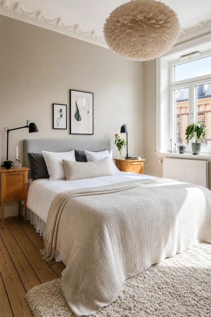 A Feather Pendant Transforms This Grey Bed Frame Room