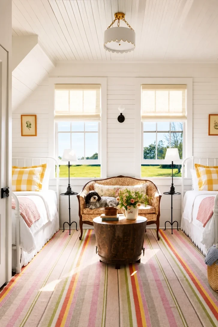 A Floral Settee Turns Twin Beds Into a Suite
