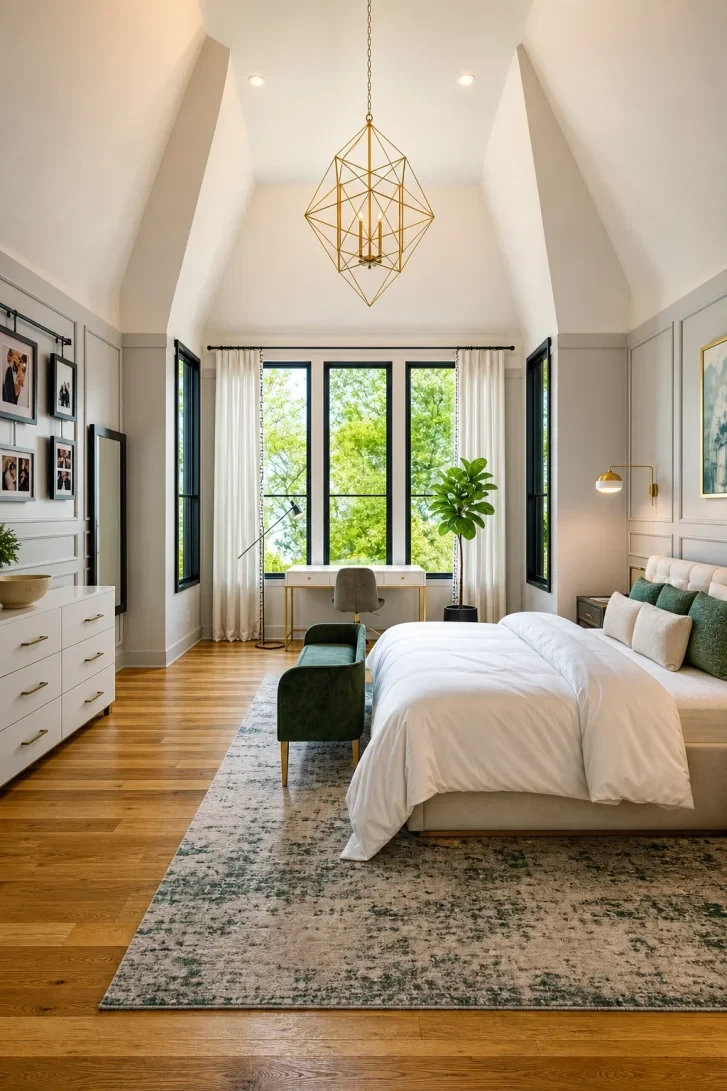 A Gold Geometric Chandelier Commands a Vaulted Ceiling