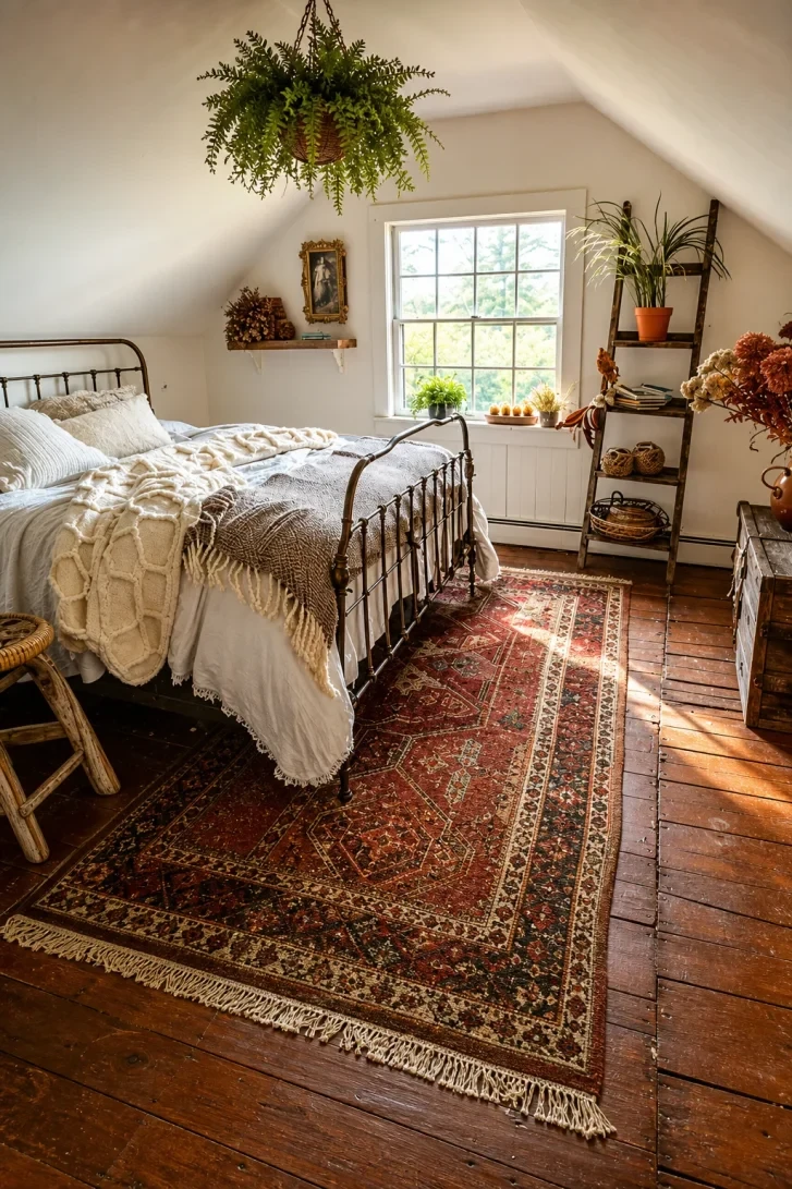 A Hanging Fern Crowns This Attic Metal Bed