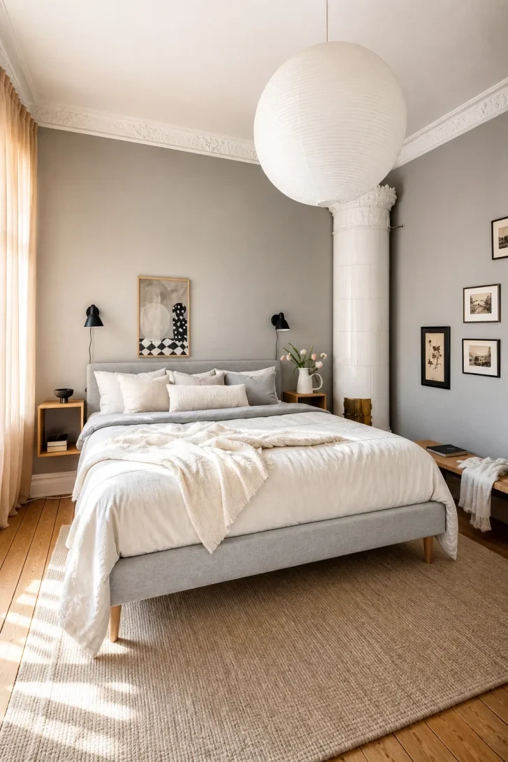 A Ornate Tile Stove Anchors This Grey Retreat