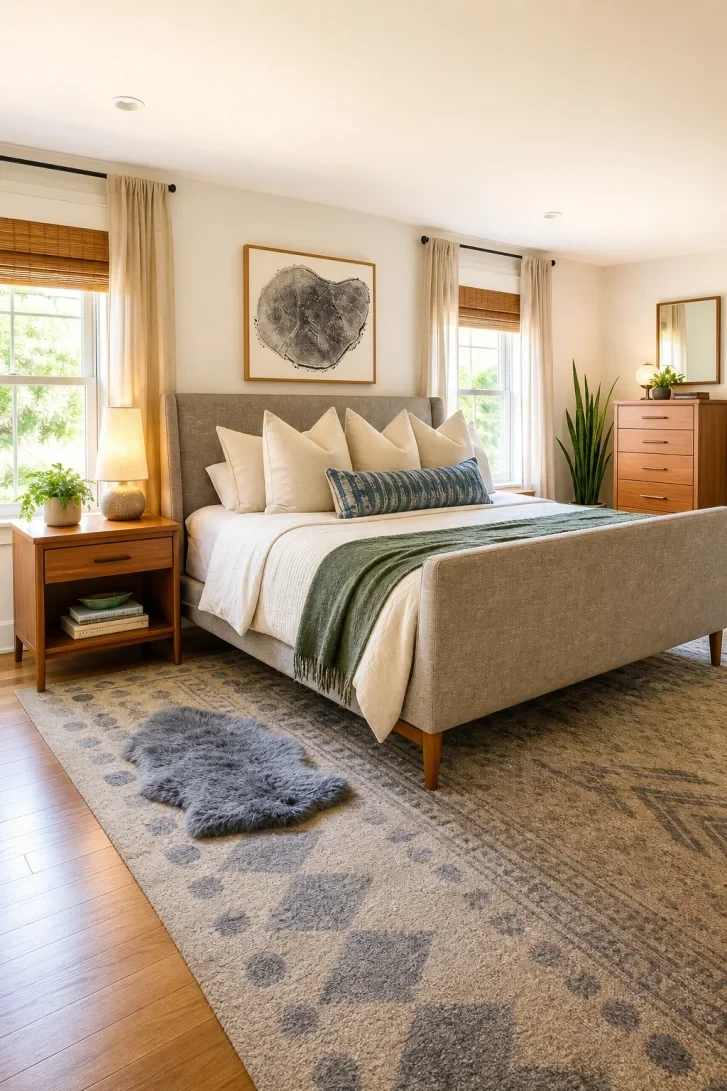 A Sheepskin Rug Layered Over Vintage-Patterned Wool