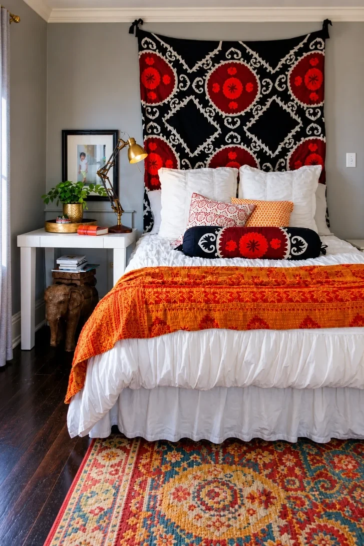 A Suzani Tapestry Hung as a Headboard