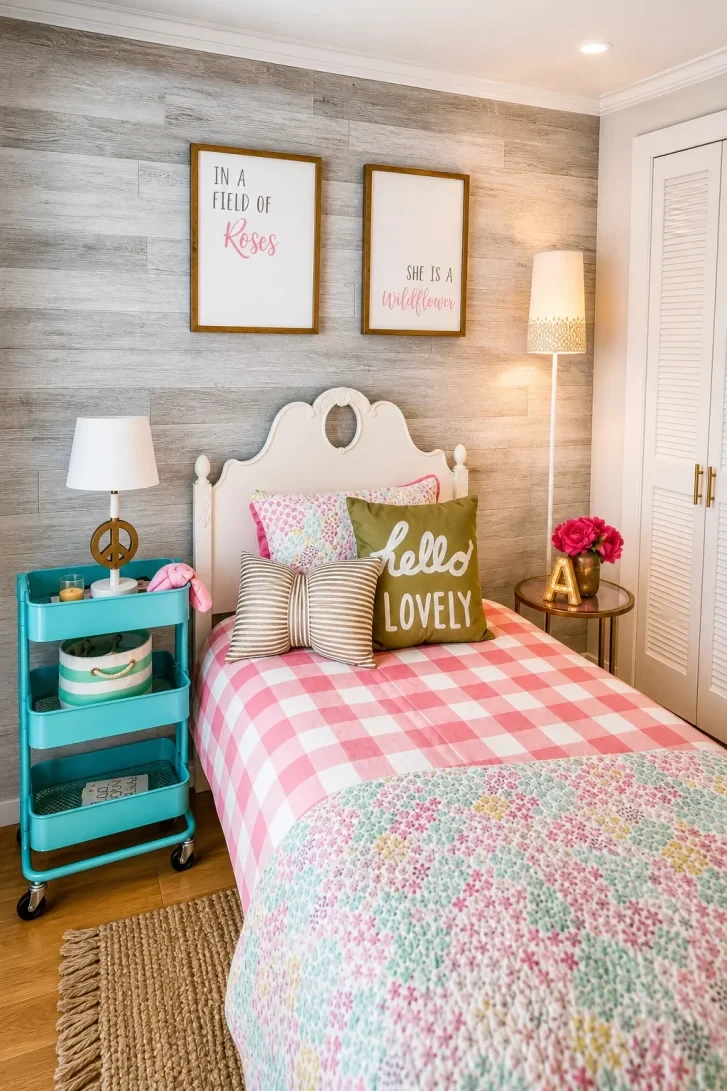 A Turquoise Rolling Cart Replaces the Nightstand