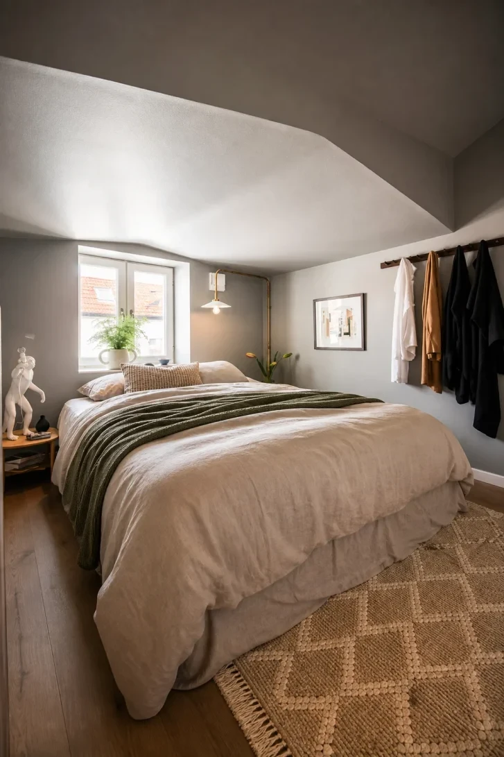 A Wall-Mounted Clothes Rail Replaces the Wardrobe