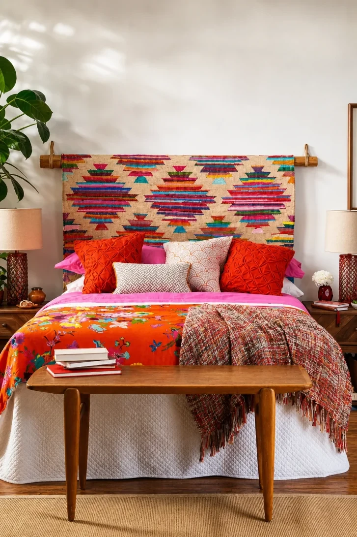 A Woven Textile Headboard Hung From Bamboo Rod