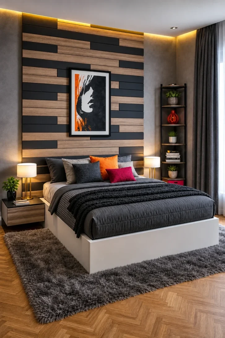 Alternating Wood and Charcoal Slat Feature Wall