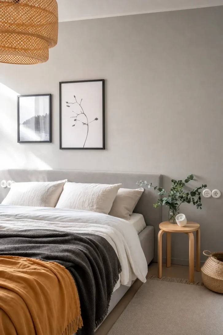 Amber and Charcoal Throws Transform a Grey Bed