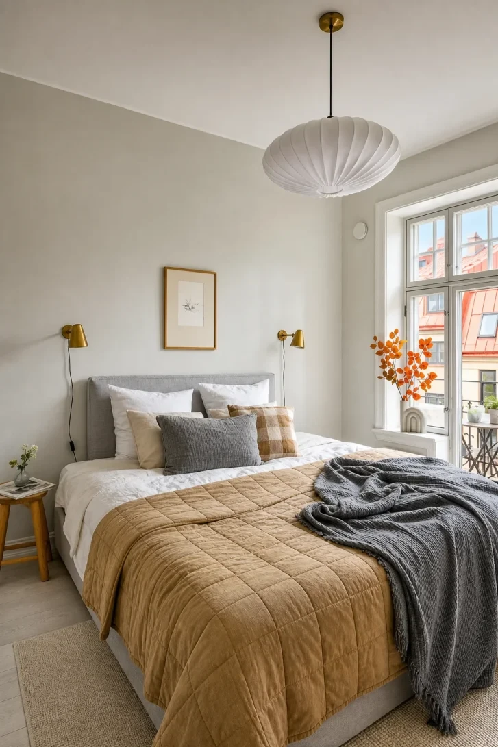Amber Quilt and Grey Throw Create Warm Contrast