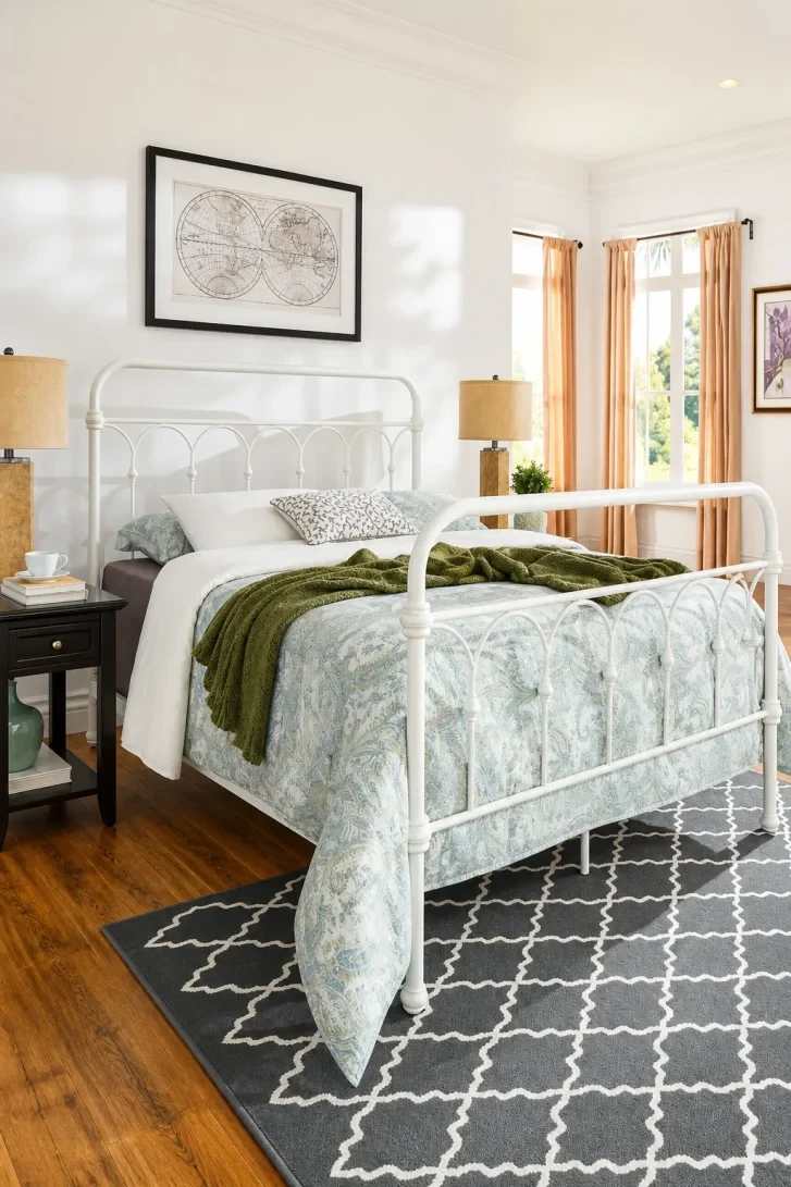 Arched Iron Scrollwork Anchors a Layered Vintage Look