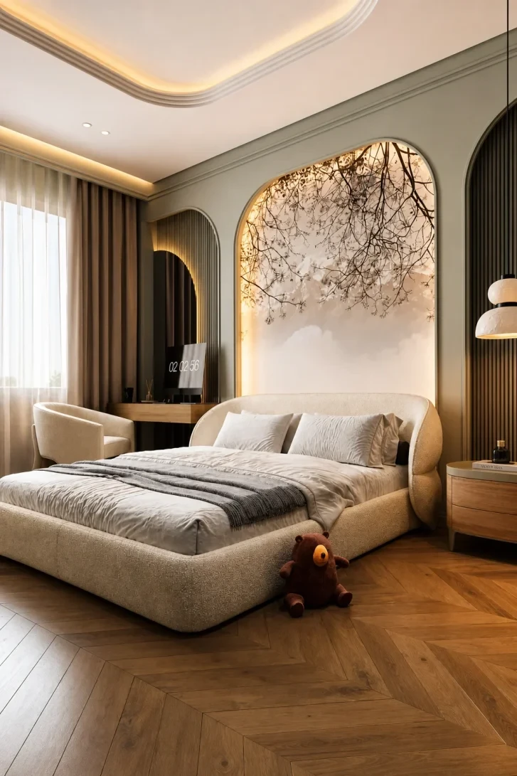 Backlit Cherry Blossom Arch Transforms the Headboard Wall