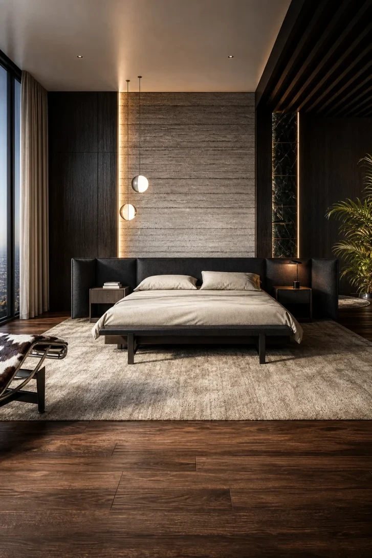 Backlit Travertine Wall Elevates the Dark Bed Frame