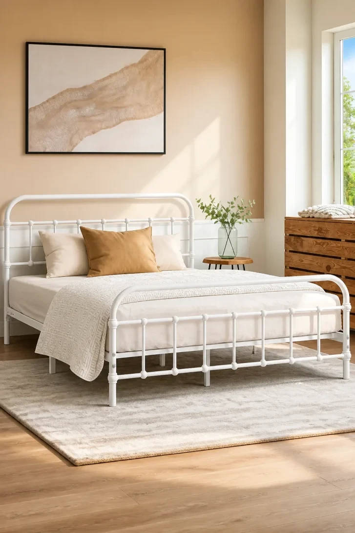 Ball-Finial White Metal Frame Against Warm Peach Walls