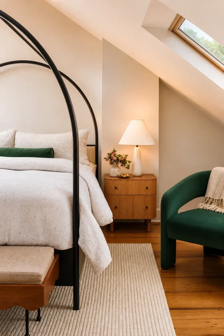 Black Arched Bed Frame Owns the Slanted Ceiling