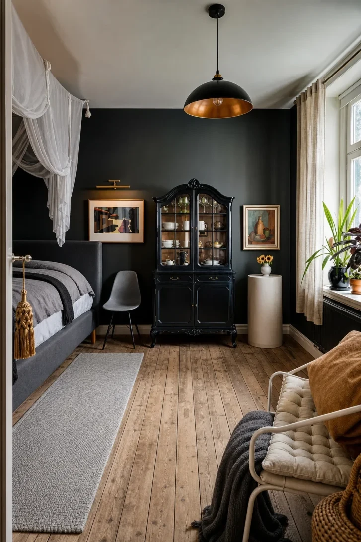 Black Baroque Cabinet Against Matte Dark Walls