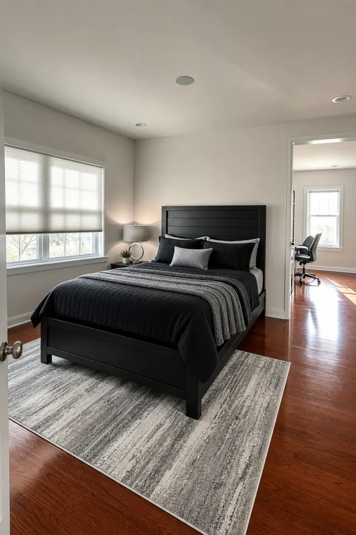 Black Bed Frame Against Warm Cherry Hardwood