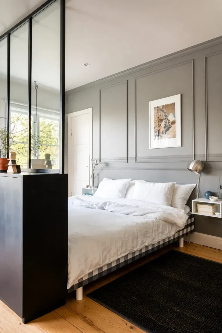 Black Gingham Bed Frame Steals the Wainscoting Show