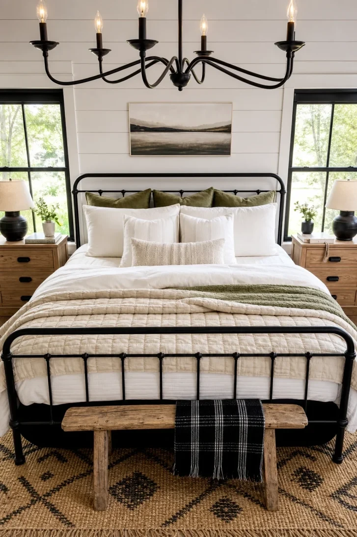 Black Iron Chandelier Echoes the Bed Frame Below