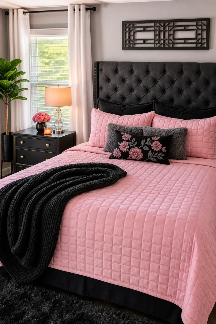 Black Knit Throw Draped Over Pink Quilted Bedding