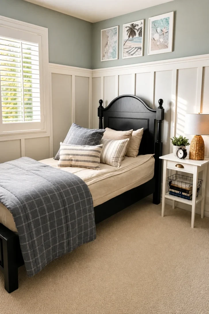 Black Poster Bed Against Cream Wainscoting Pops
