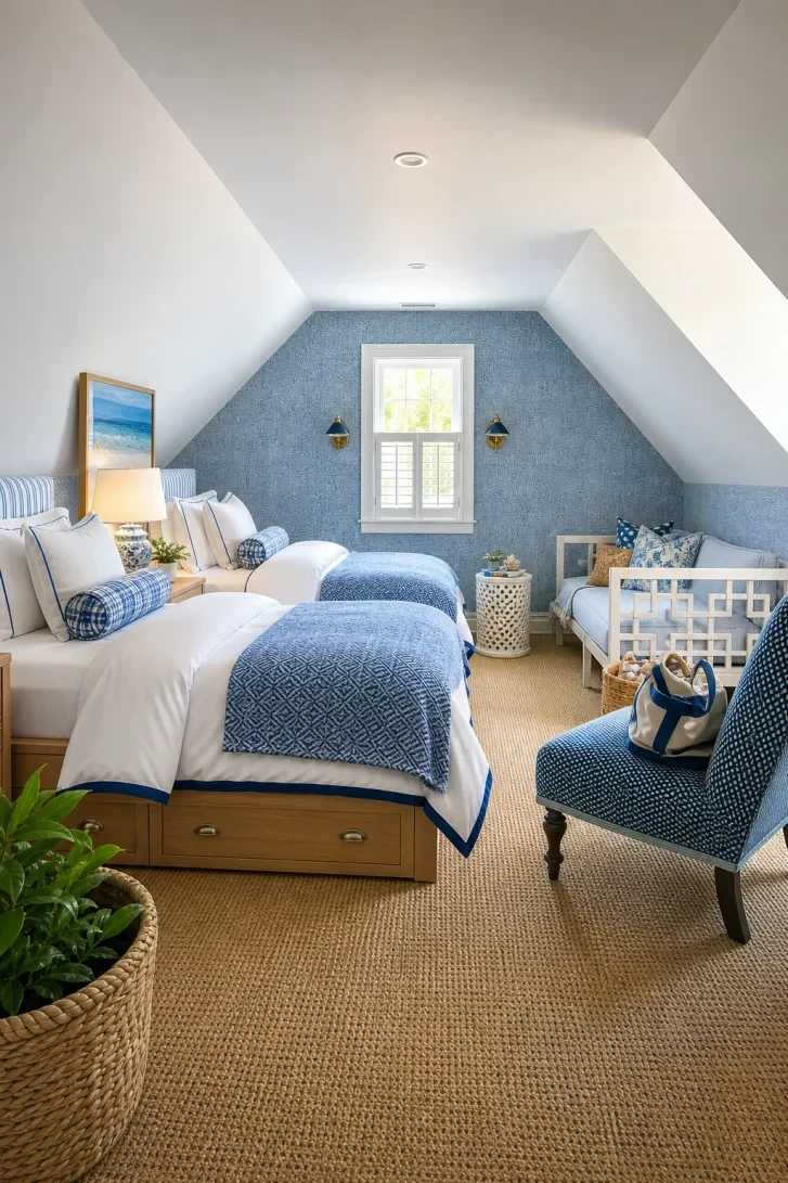 Blue Wallpapered Accent Wall Follows the Roofline Down
