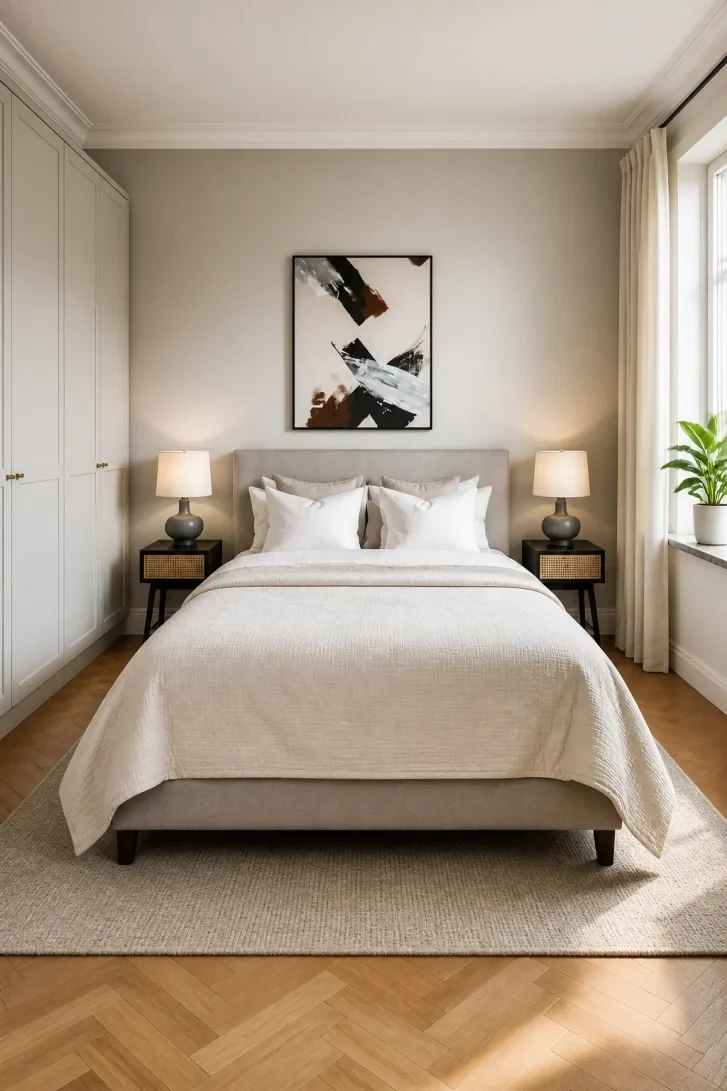 Bold Abstract Art Over a Grey Upholstered Bed