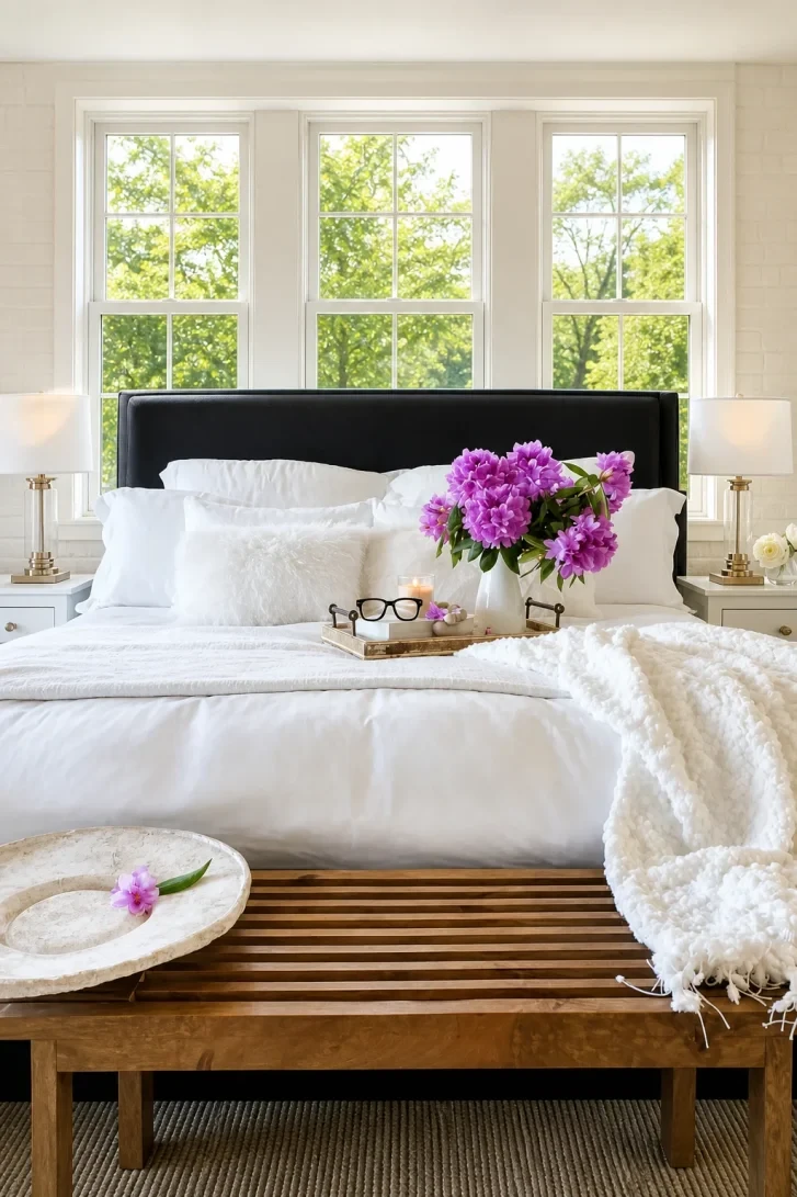 Bold Black Headboard Against Pure White Windows