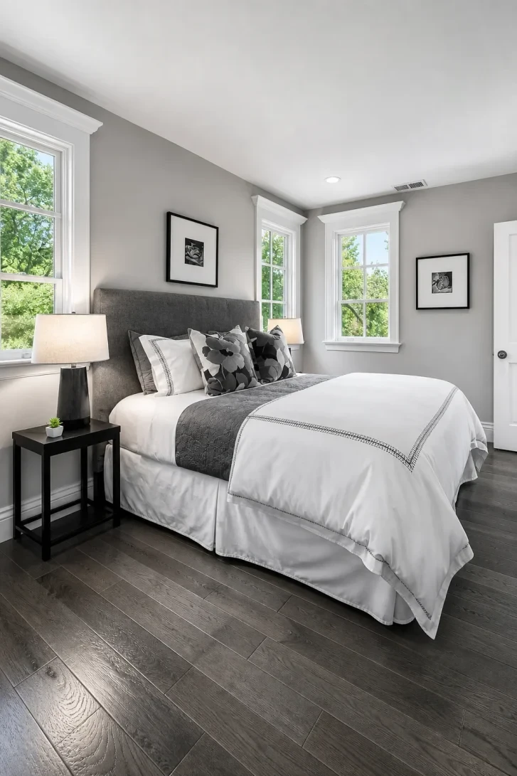 Bold Floral Pillows Break an All-Grey Scheme Wide Open