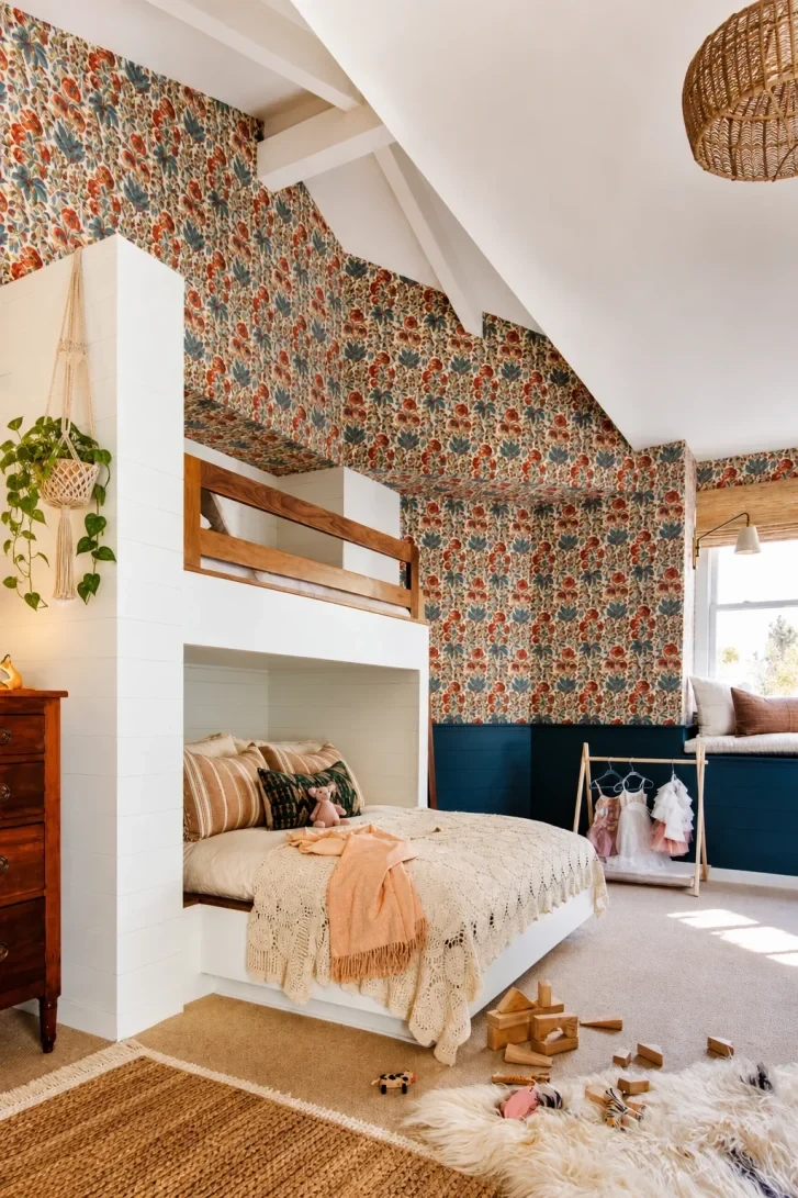 Bold Floral Wallpaper Wraps Even the Sloped Ceiling