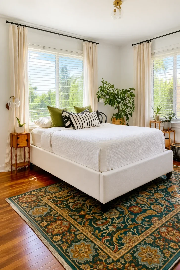 Bold Persian Rug Anchors a White Upholstered Bed
