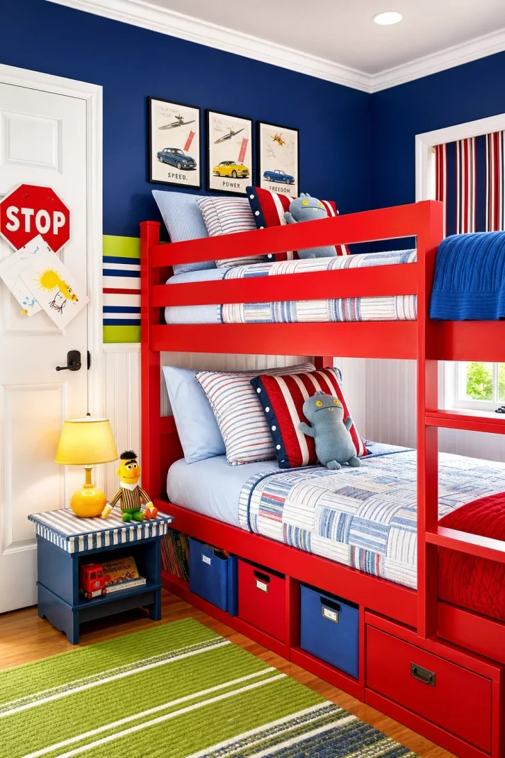 Bold Red Bunk Bed With Built-In Storage Drawers