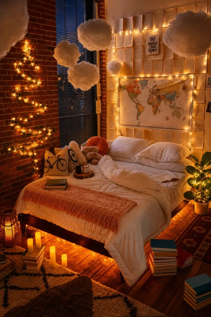 Book Page Headboard Wall Glowing With Fairy Lights