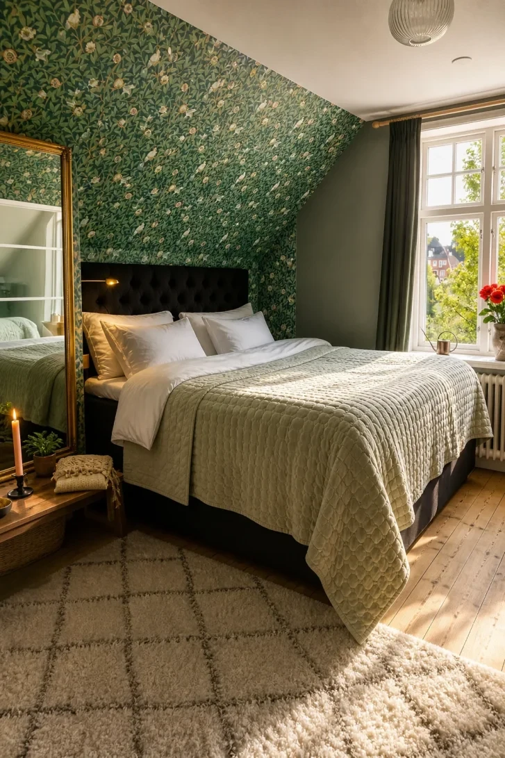 Botanical Wallpaper That Follows the Slanted Ceiling Line