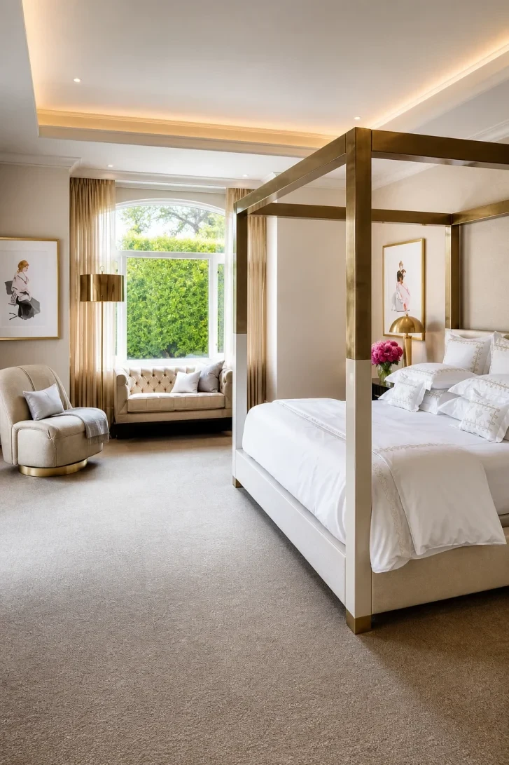 Brass Four-Poster Frame Commands the Entire Room