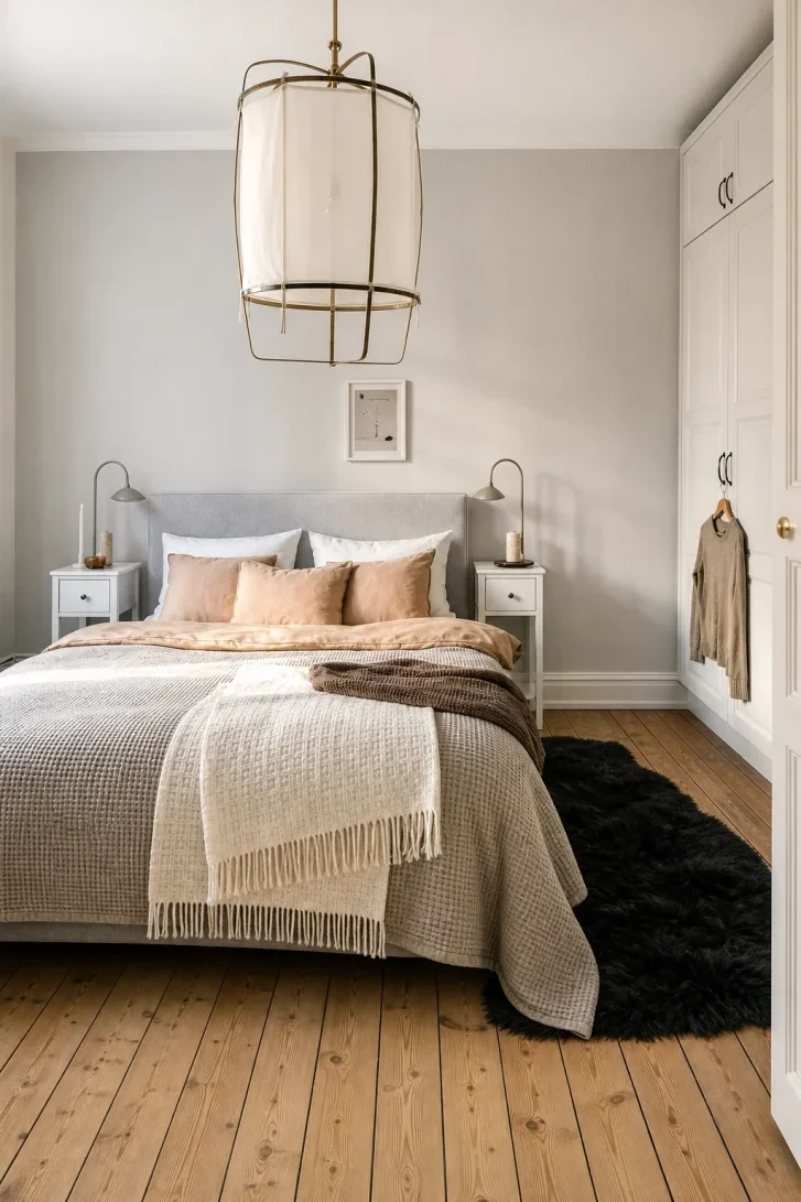 Brass Lantern Pendant Anchors a Soft Grey Retreat