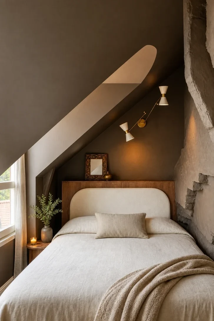 Brass Swing Arm Sconce Owns the Slanted Wall
