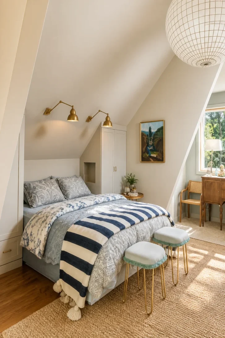 Brass Swing-Arm Sconces Mounted on a Sloped Ceiling