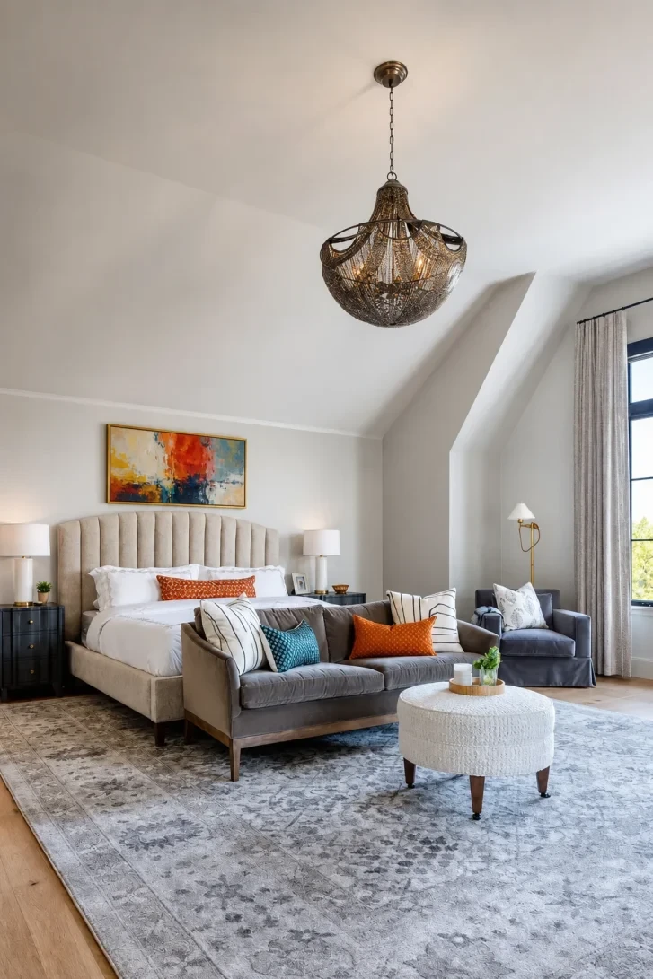 Bronze Beaded Chandelier Anchors a Grey Lounge Bedroom