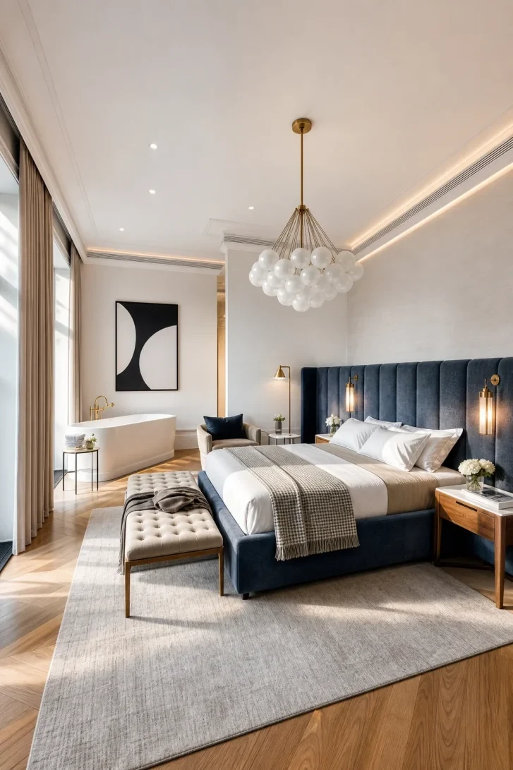 Bubble Chandelier Crowns a Navy Velvet Headboard
