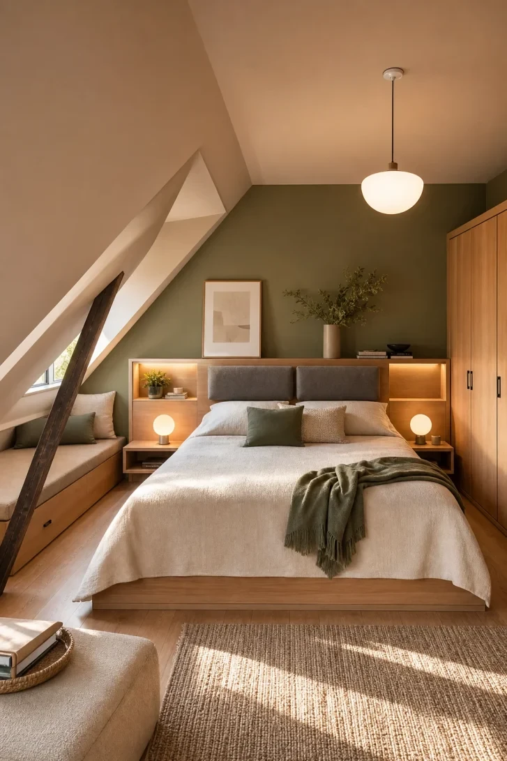 Built-In Headboard Shelves Glow Against Olive Walls