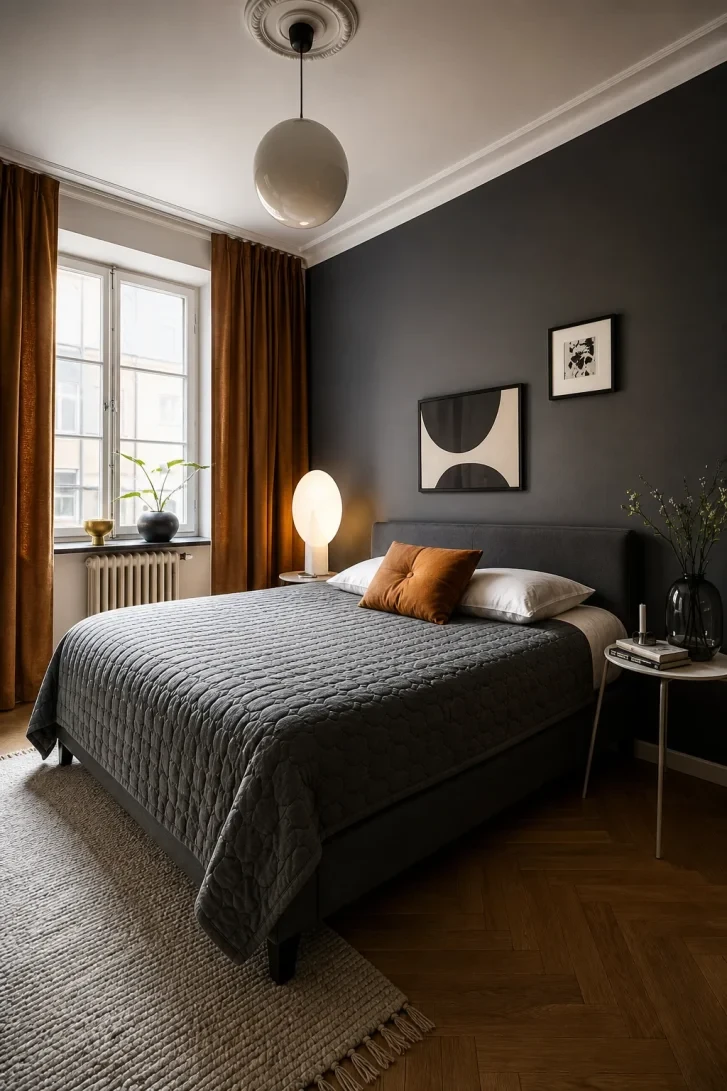 Burnt Orange Curtains Electrify a Dark Gray Room