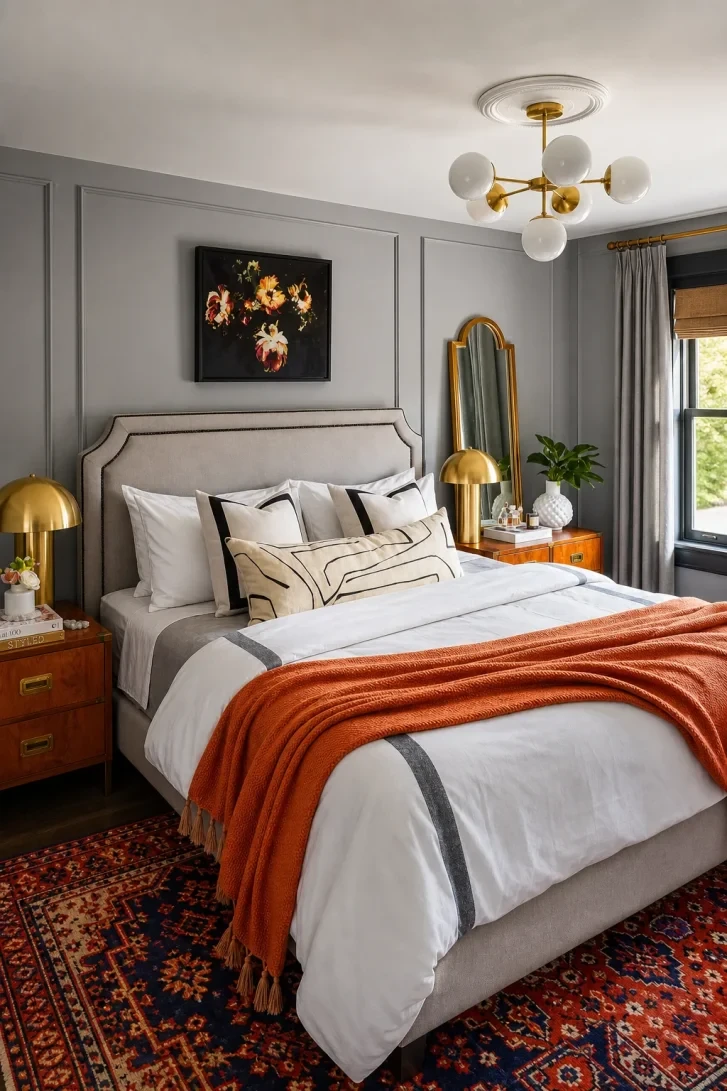 Burnt Orange Throw Against Cool Grey Moulding Panels