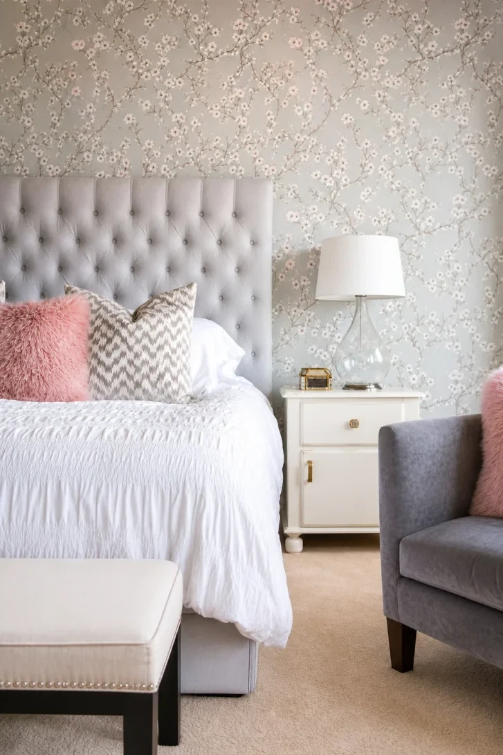 Cherry Blossom Wallpaper Frames a Tufted Headboard
