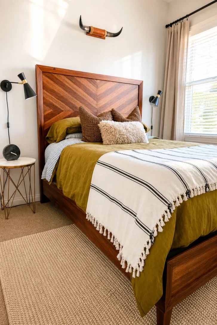 Chevron Walnut Headboard Anchors a Warm Western Palette