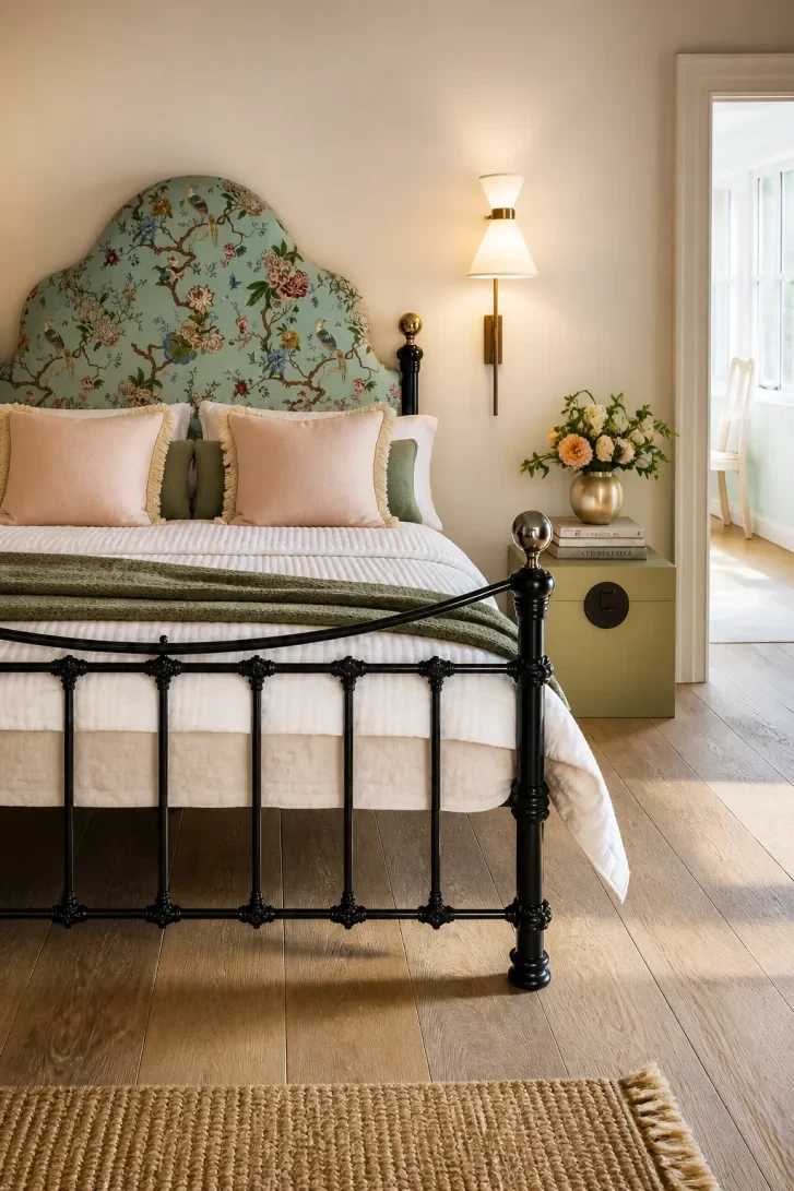 Chinoiserie Headboard Electrifies a Black Iron Frame