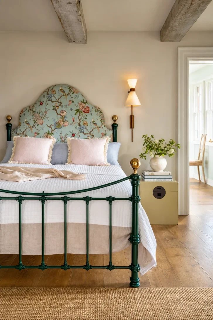 Chinoiserie Headboard Fabric Transforms a Dark Green Frame