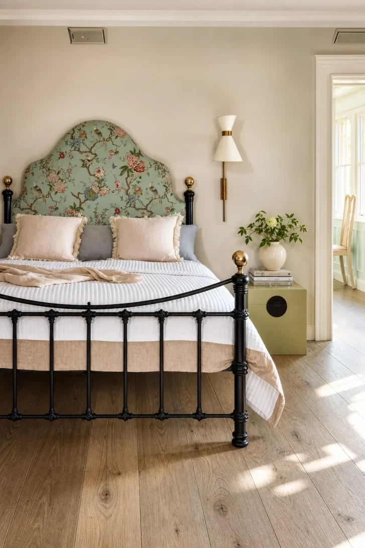 Chinoiserie Headboard Meets Black Iron Bed Frame