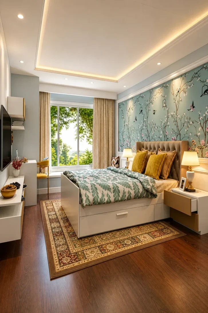 Chinoiserie Mural Turns a Headboard Wall Into Art